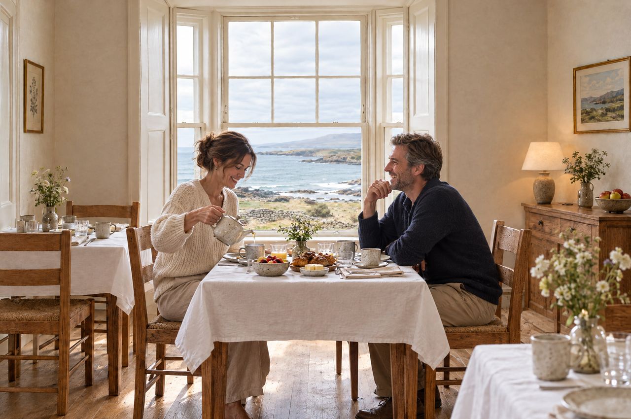 Una pareja desayunando junto a la ventana; ella sirve té mientras él ríe.