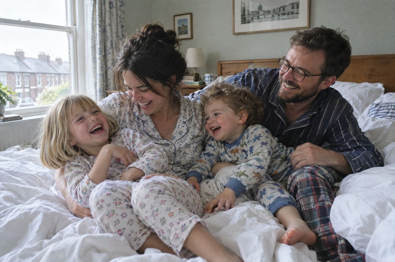 La familia de cuatro riendo junta sobre una cama sin hacer, en pijama.