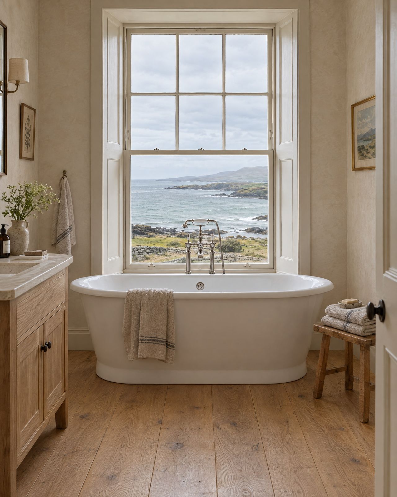 Una bañera exenta bajo una ventana de guillotina con vista al mar.