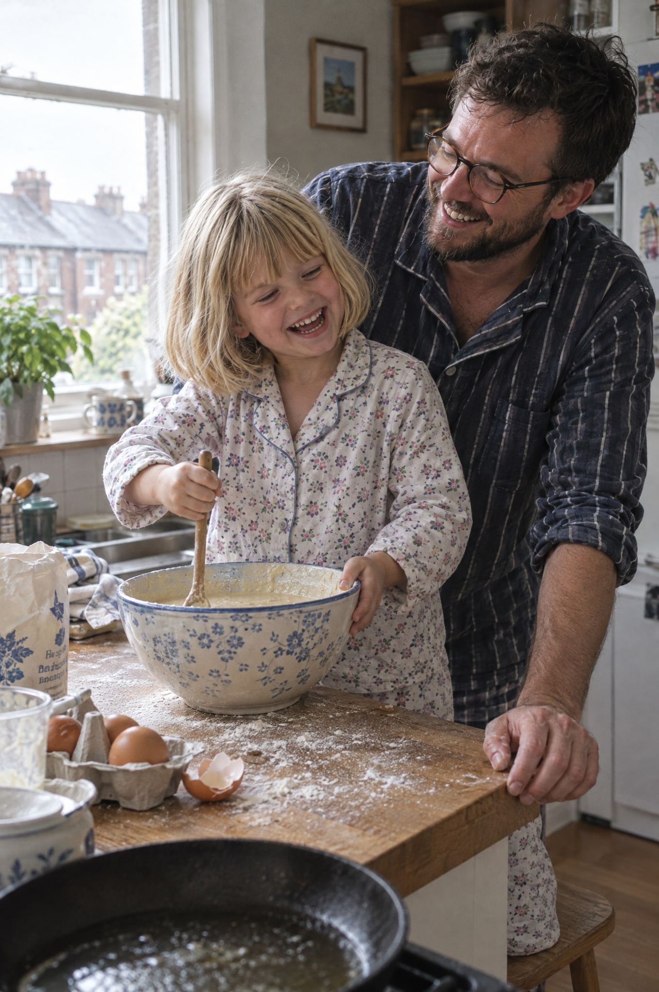 Padre e hija preparando la mezcla de panqueques en la encimera de la cocina.