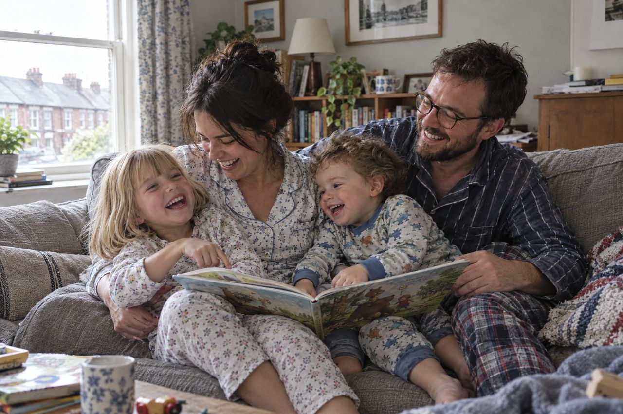 La familia leyendo un libro de cuentos en el sofá del salón.