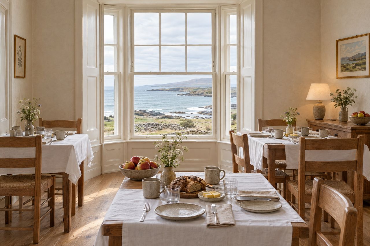El comedor preparado para el desayuno, con manteles blancos, pan de soda y ventanas a la bahía.