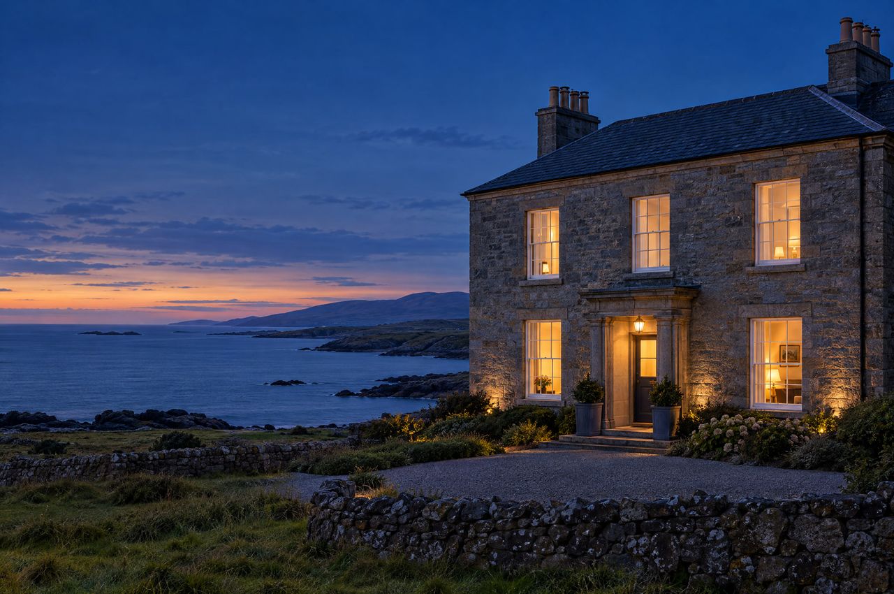 La casa a la hora azul, con las ventanas encendidas sobre la bahía oscura.